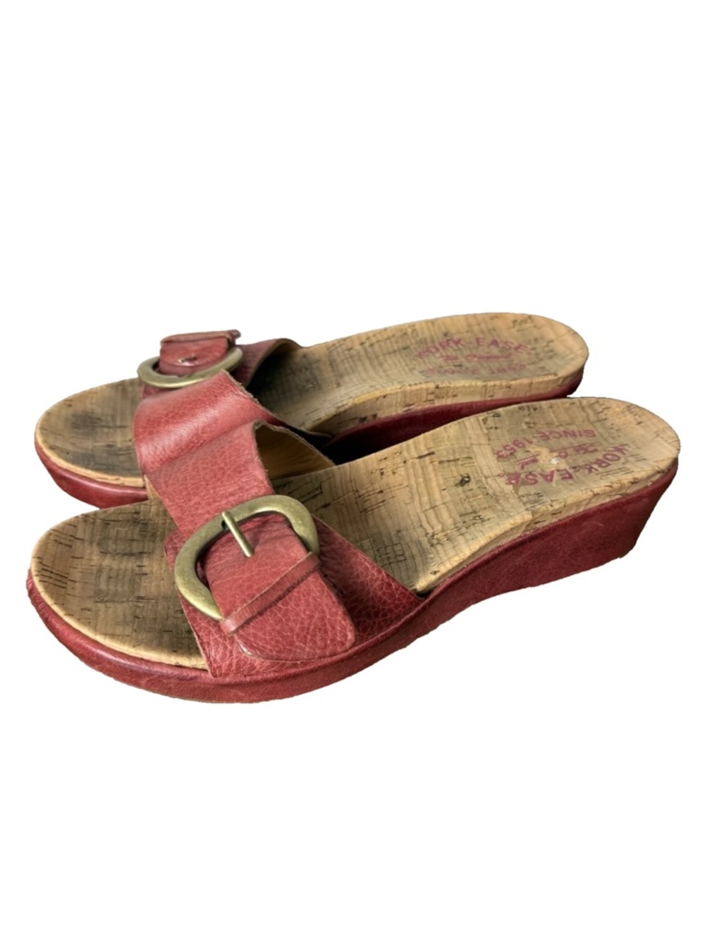 Kork-Ease Slip-On Cork Wedge Sandals Size 6 M Red Leather Adjustable Buckle